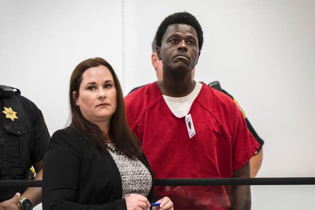 <p>Wesley Brownlee stands with public defender Alison Nobert during his arraignment in Stockton Superior Court</p>