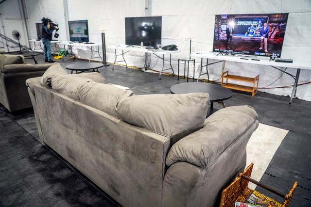 <p>New York City’s  temporary shelter on Randall’s Island has an entertainment area with TVs and Xboxes </p>
