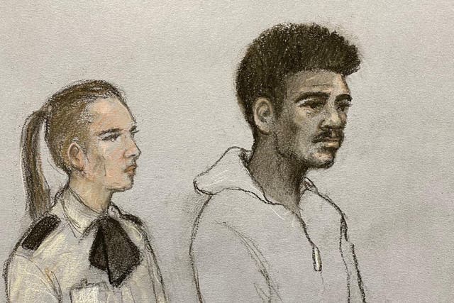 A sketch of Mason Greenwood appearing in the dock at Manchester Magistrates’ Court (Elizabeth Cook/PA)