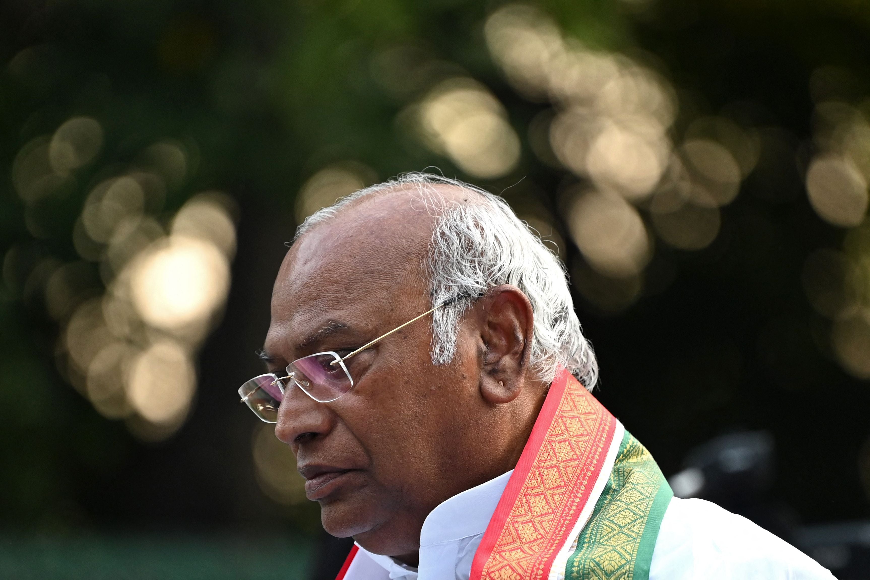 India's Congress party newly appointed president Mallikarjun Kharge arrives to address a press conference in New Delhi