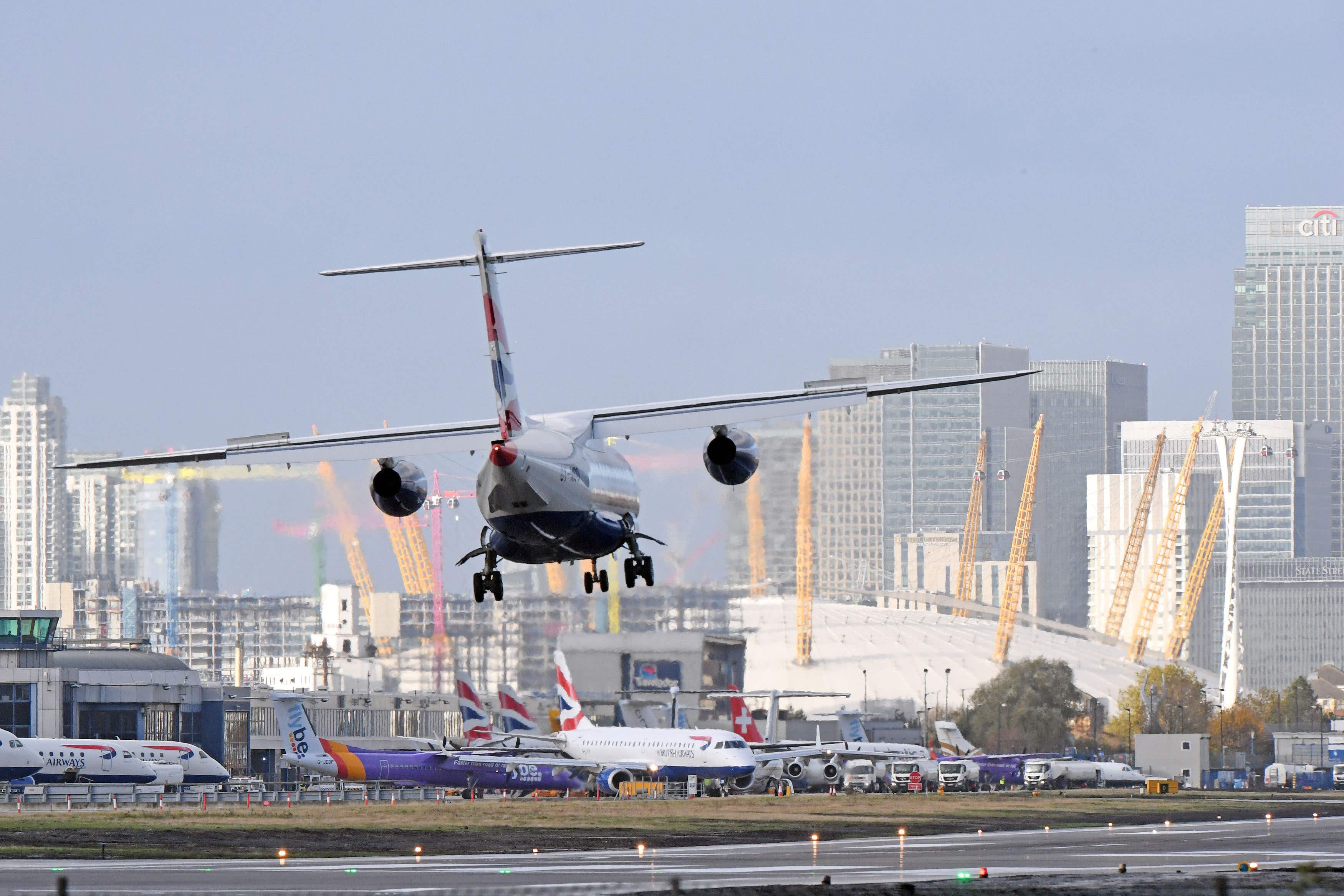 A plane landing at London City Airport