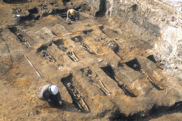 Researchers extracted DNA from the remains of people buried in the East Smithfield plague pits, which were used for mass burials in 1348 and 1349 (Museum of London Archaeology/PA)