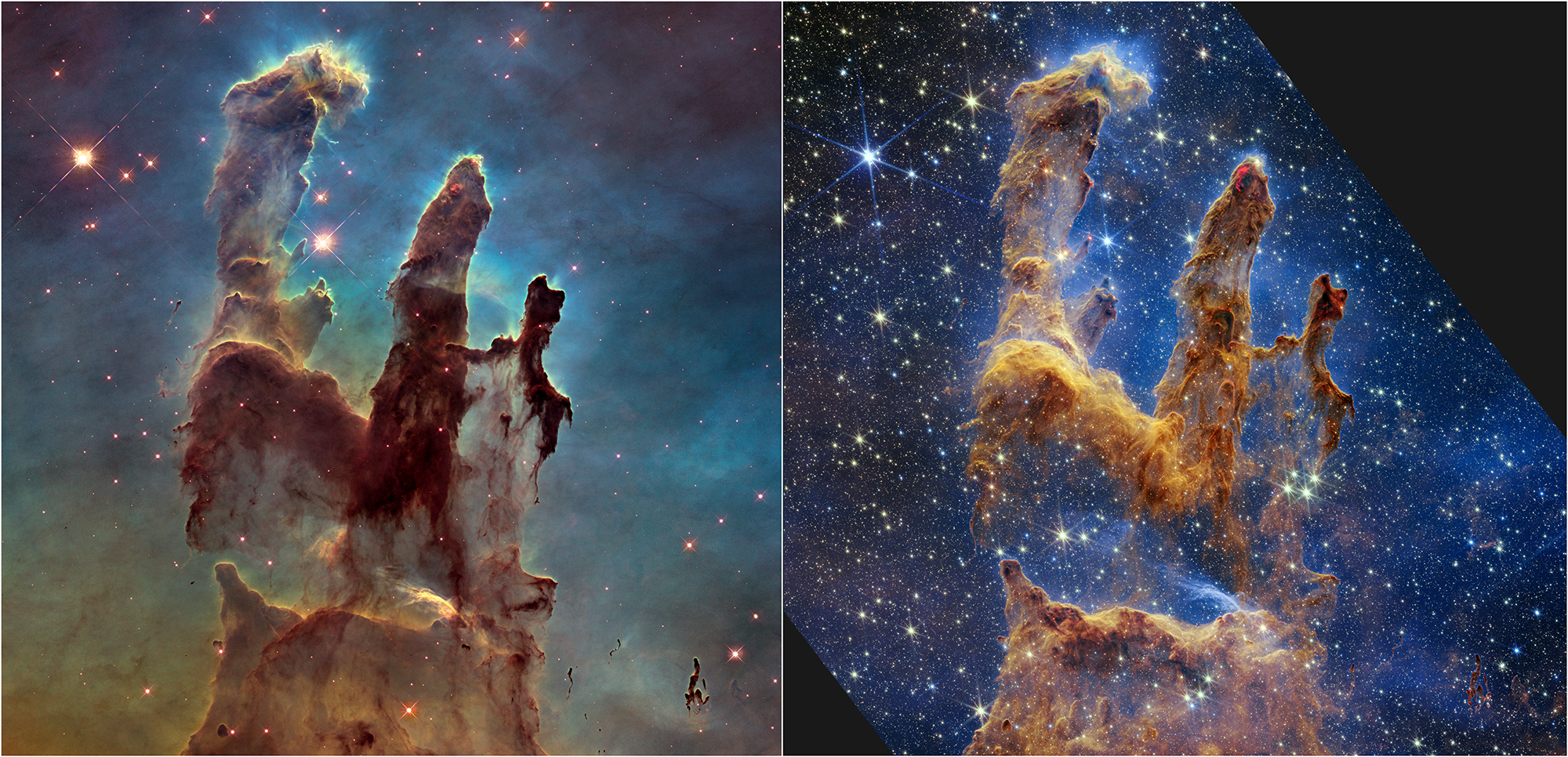 Images of the stellar nursery known as the Pillars of Creation taken by the Hubble Space Telescope (left) and the James Webb Space Telescope (right)