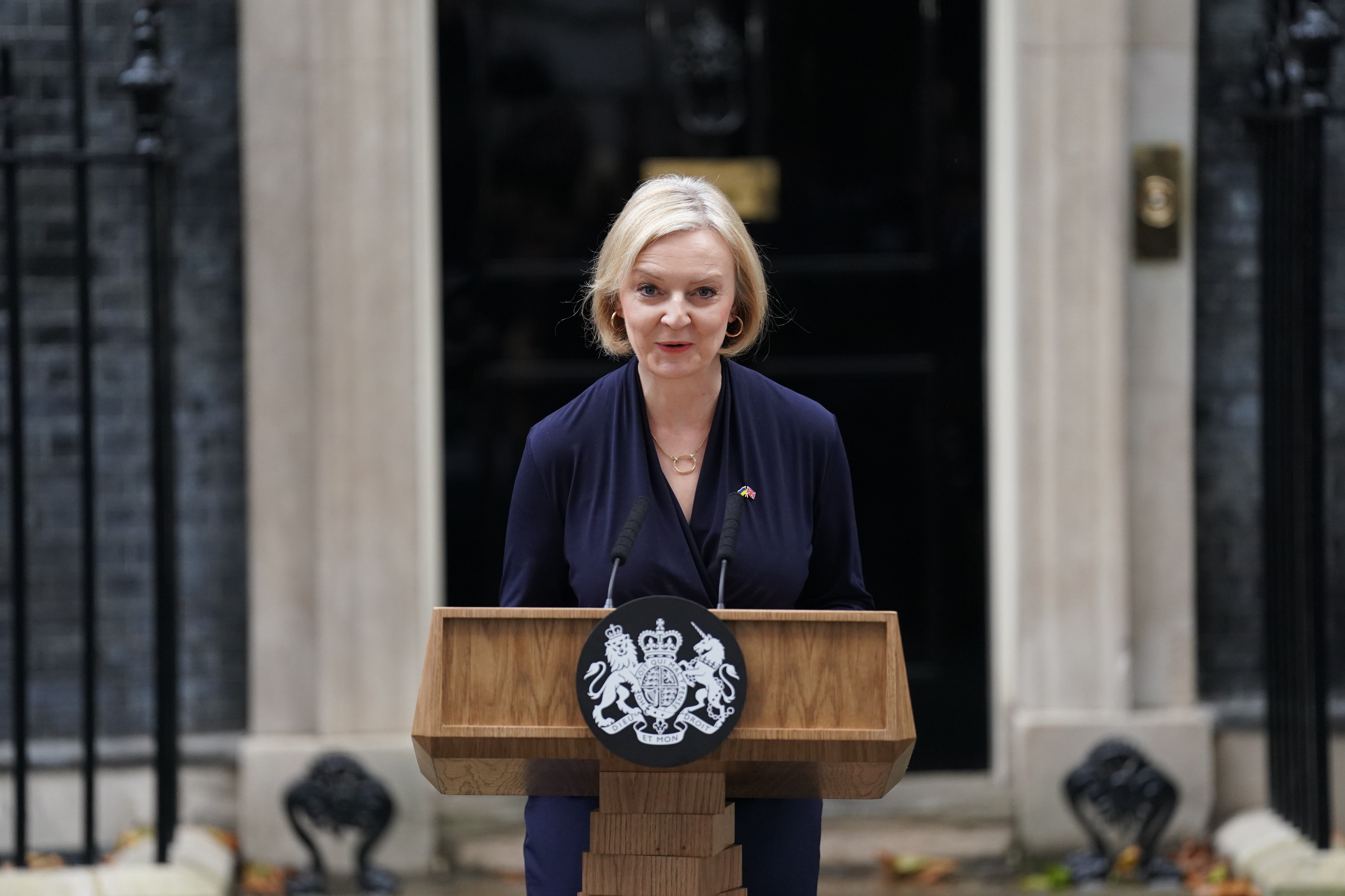 Prime minister Liz Truss making a statement outside 10 Downing Street, London, where she announced her resignation