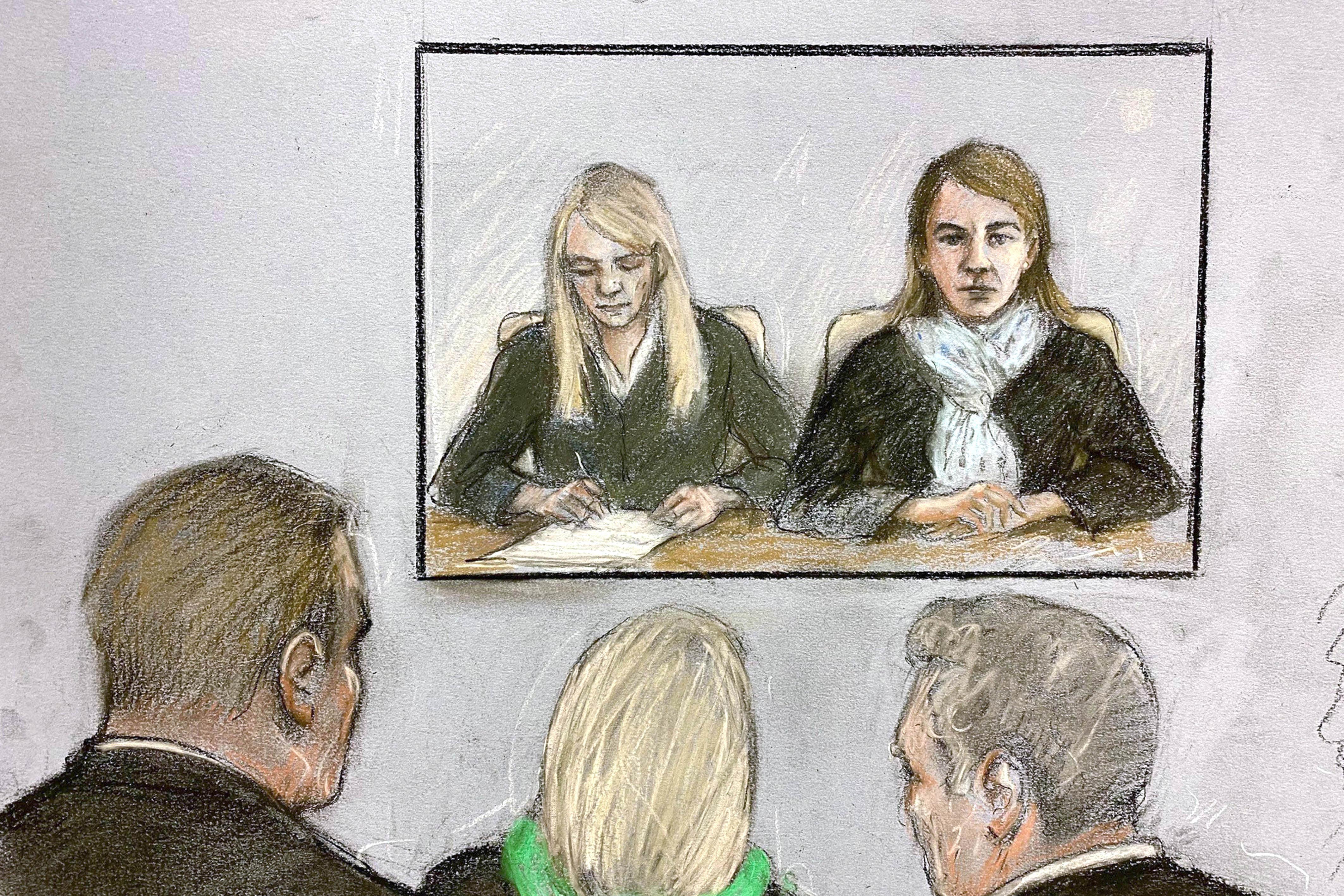 Court sketch of US citizen Anne Sacoolas, 45, (right in TV screen)