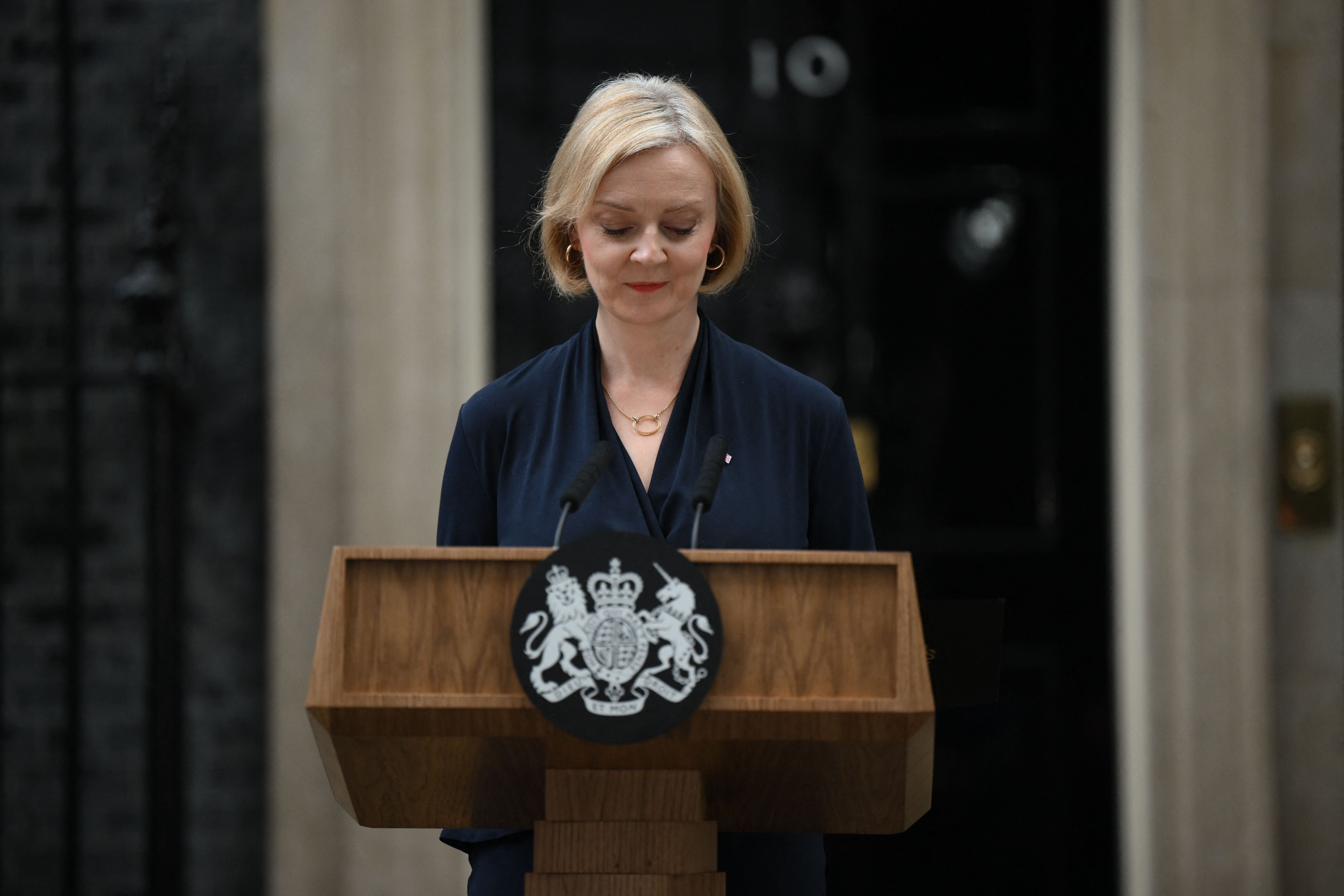 Britain’s Prime Minister Liz Truss delivers a speech outside of 10 Downing Street in central London to announce her resignation