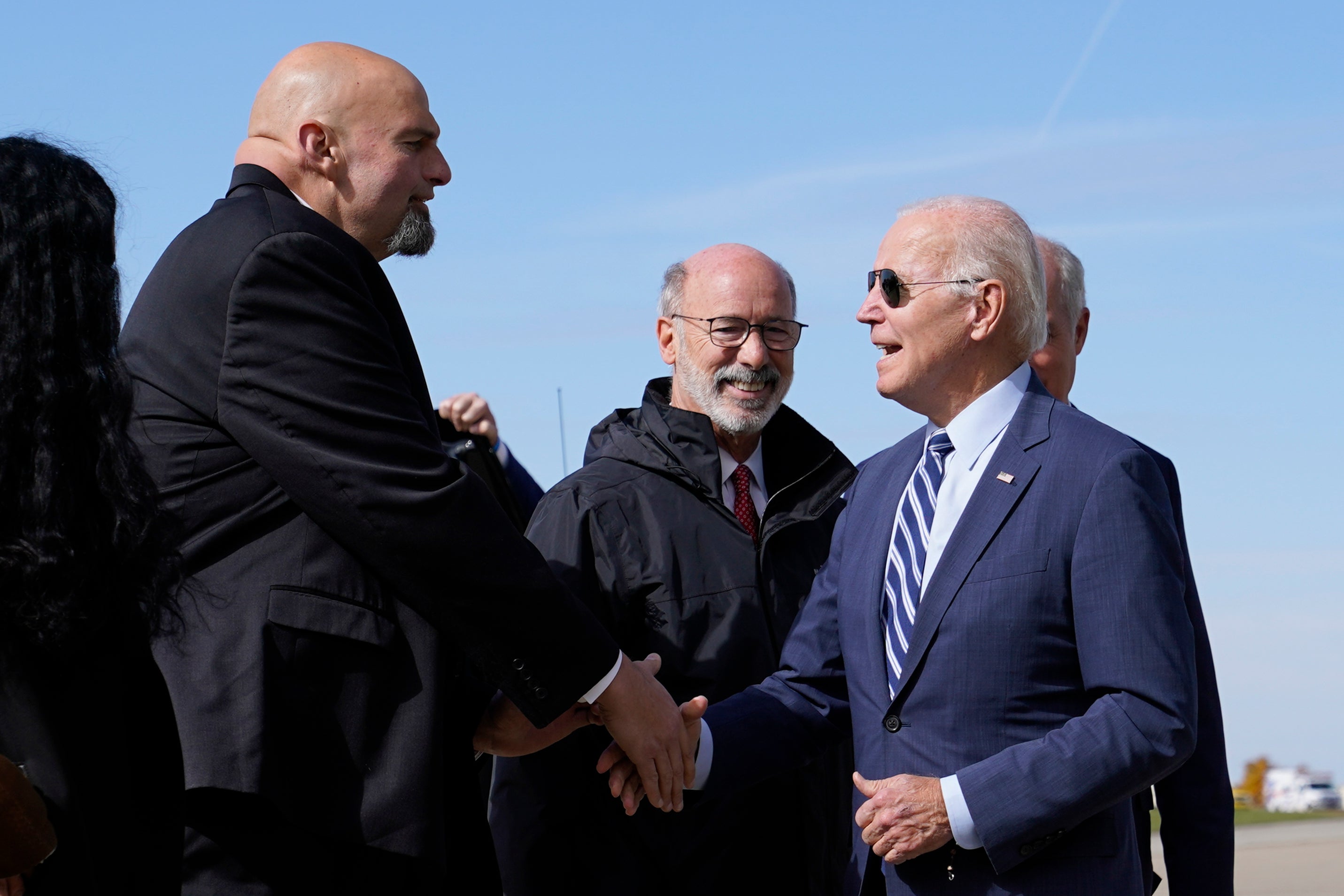 President Joe Biden was met by Pennsylvania Lt Gov and Senate candidate John Fetterman at Pittsburgh International Airport