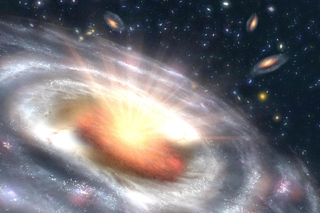 <p>Concepción artística de un cuásar rodeado de otras galaxias</p>