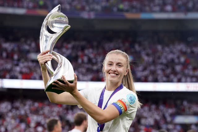 Leah Williamson holding the winning trophy at Wembley (Danny Lawson/PA)