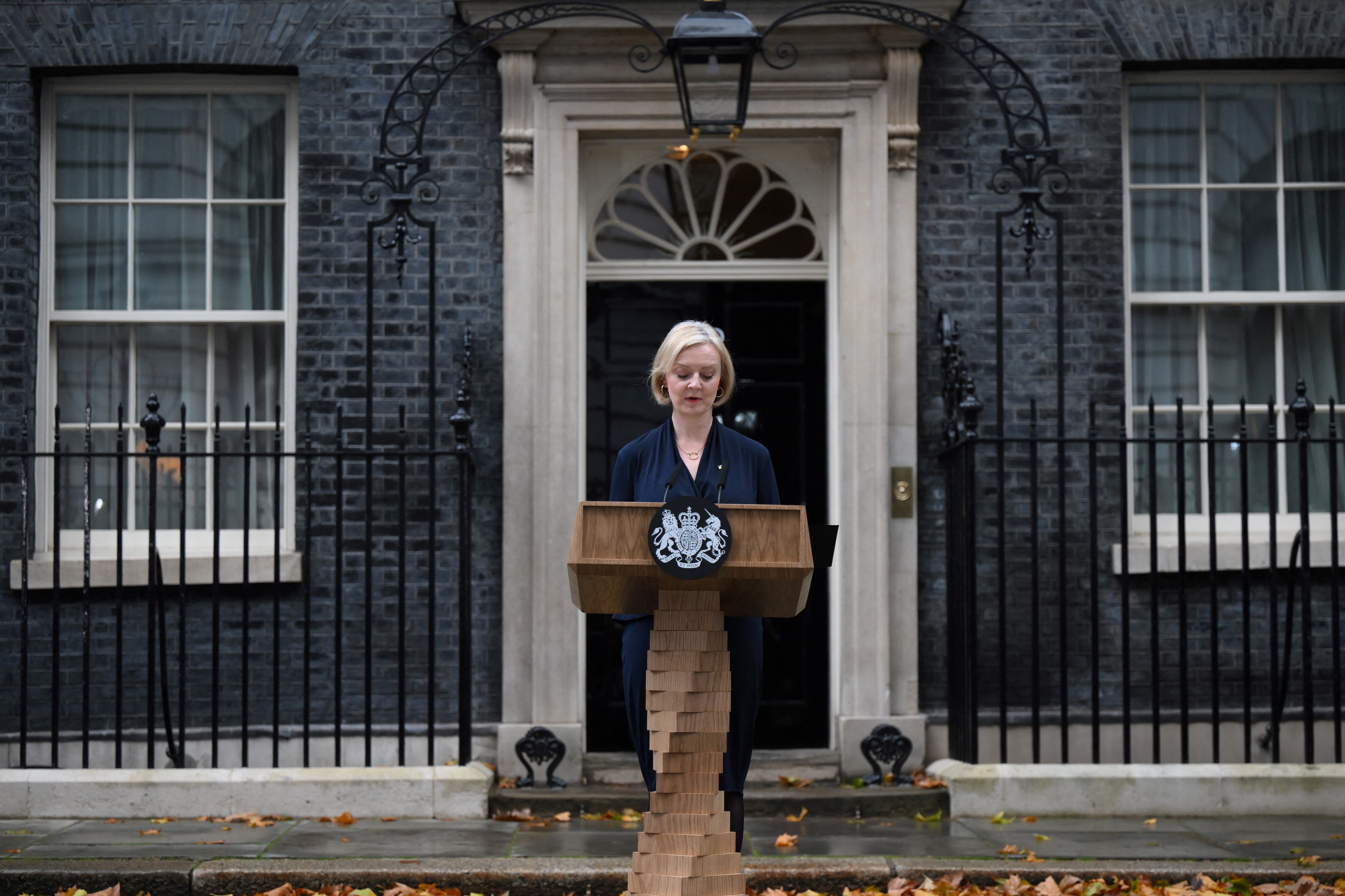 Liz Truss delivering a resignation speech outside 10 Downing Street