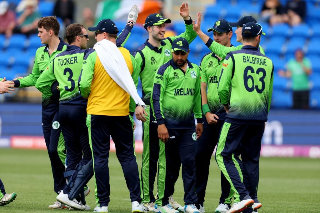 Ireland’s players celebrate the wicket of West Indies captain Nicholas Pooran during their victory at Bellerive Oval in Hobart