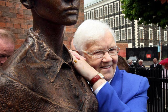 Baroness May Blood at the unveiling of a cast bronze statue The Mill Worker by Northern Irish sculptor Ross Wilson in North Belfast (Paul Faith/PA)