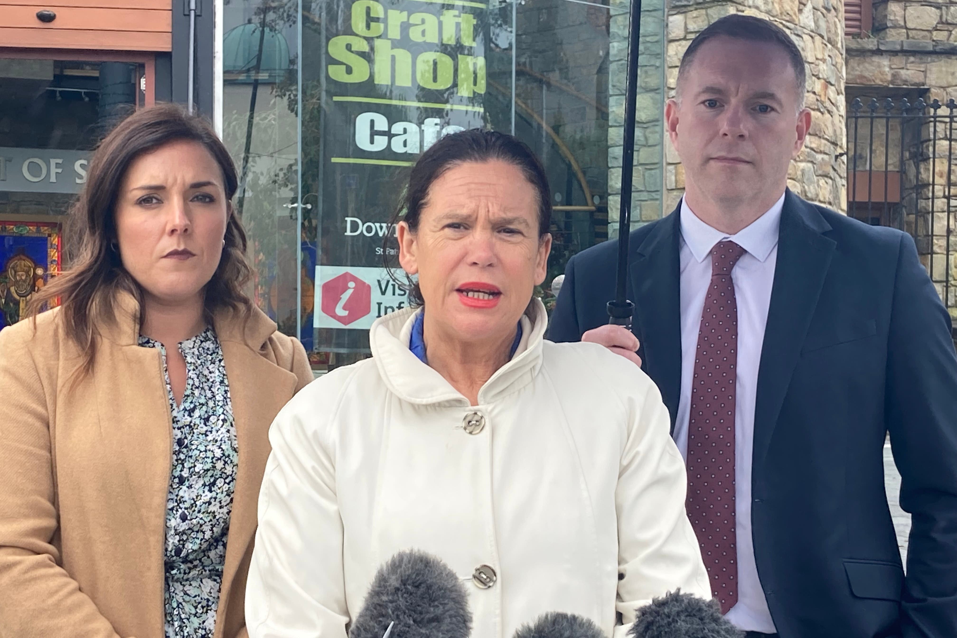 (left to right) Sinn Fein South Down MLA Cathy Mason, Sinn Fein president Mary-Lou McDonald and South Down MP Chris Hazzard speak to the media in Downpatrick on Friday afternoon (Rebecca Black/PA)