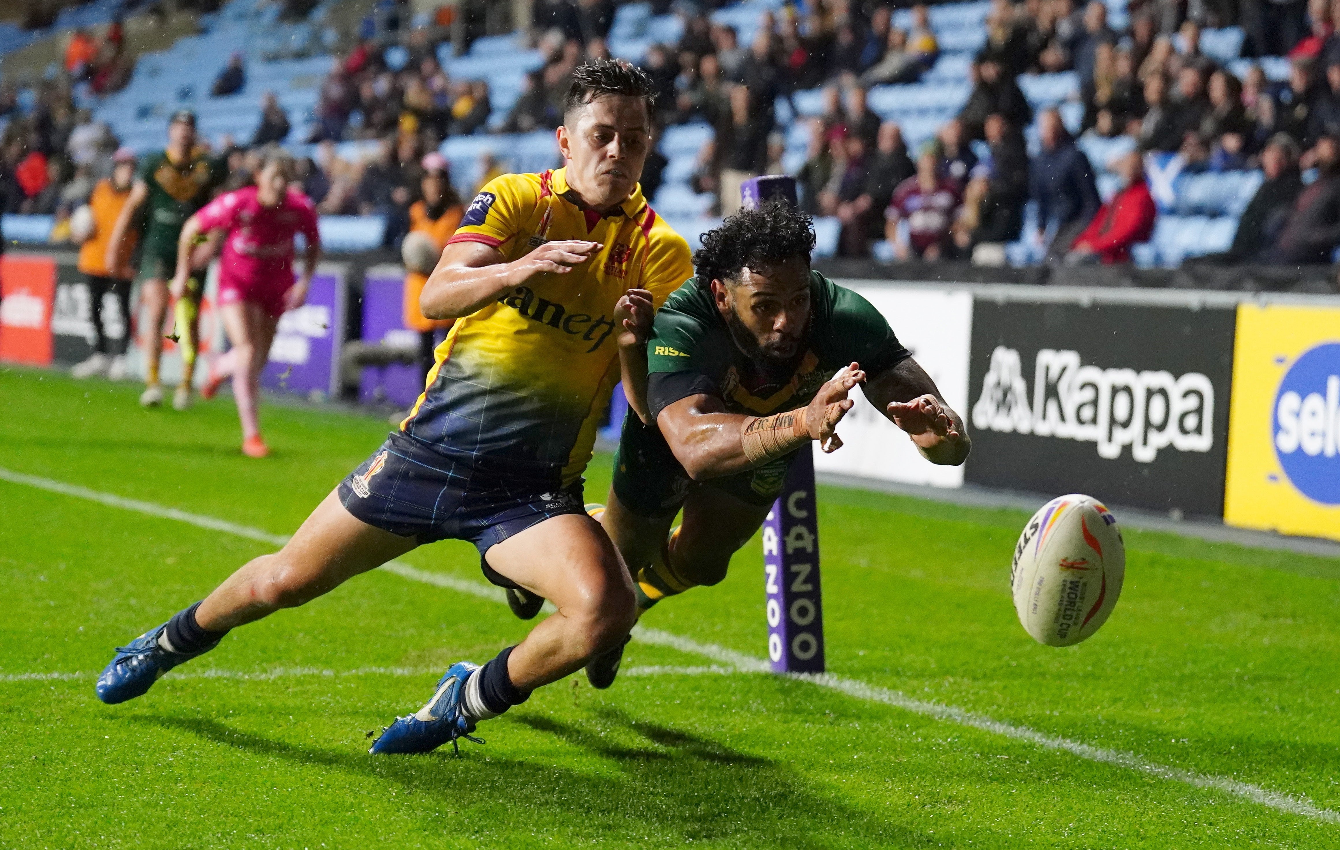 Josh Addo-Carr scored four tries as the tournament holders routed the Scots in Coventry