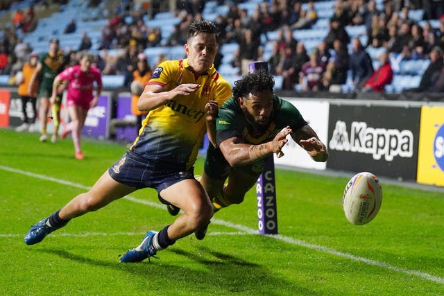 <p>Josh Addo-Carr scored four tries as the tournament holders routed the Scots in Coventry </p>