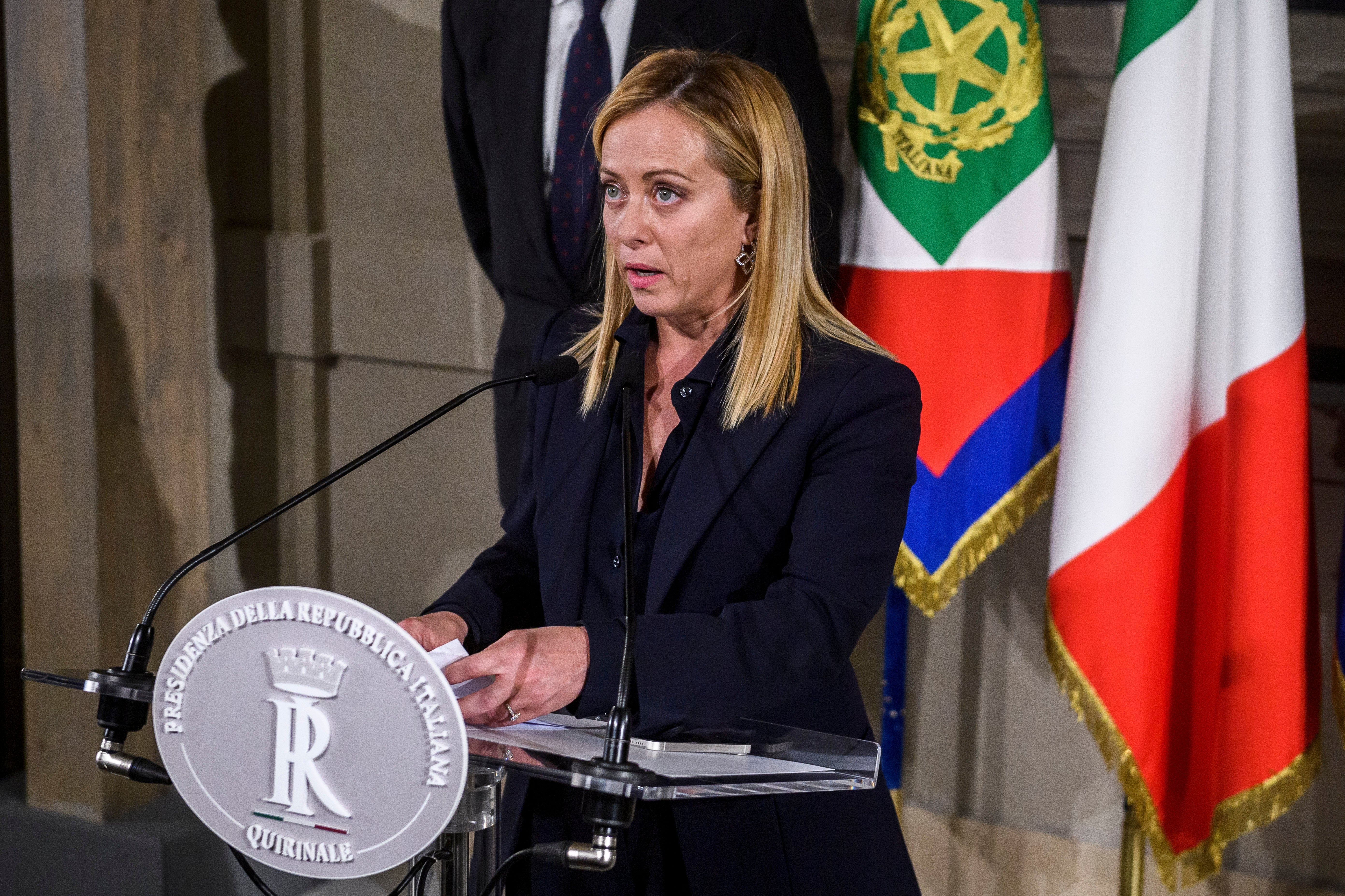 Giorgia Meloni speaks to the media after being appointed prime minister by Italian president Sergio Mattarella