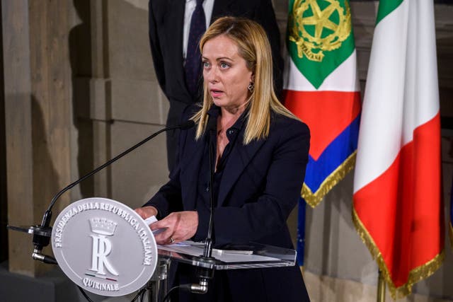 <p>Giorgia Meloni speaks to the media after being appointed prime minister by Italian president Sergio Mattarella </p>