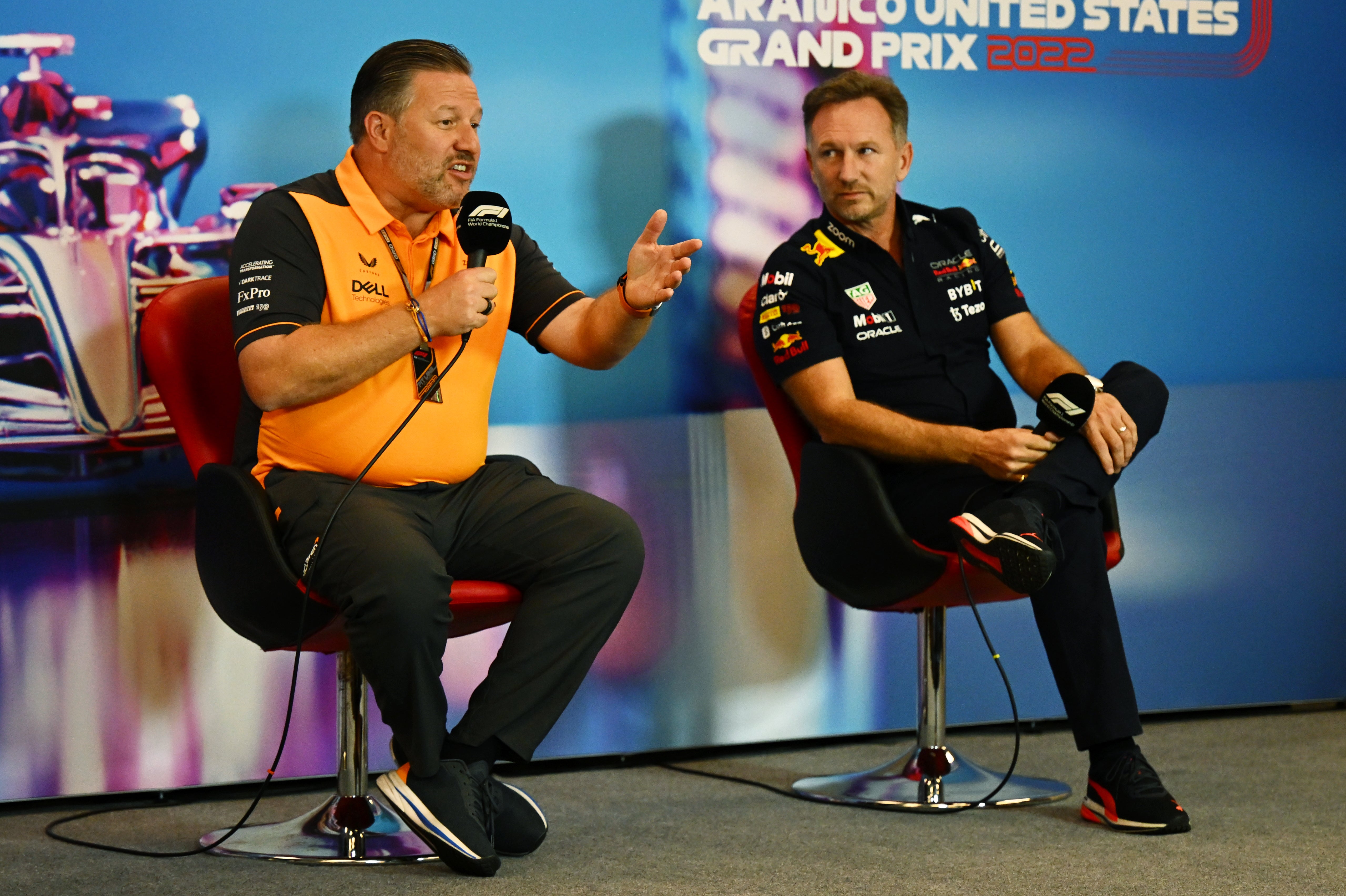 Horner sat alongside McLaren CEO Brown in a fiery press conference in Austin, Texas