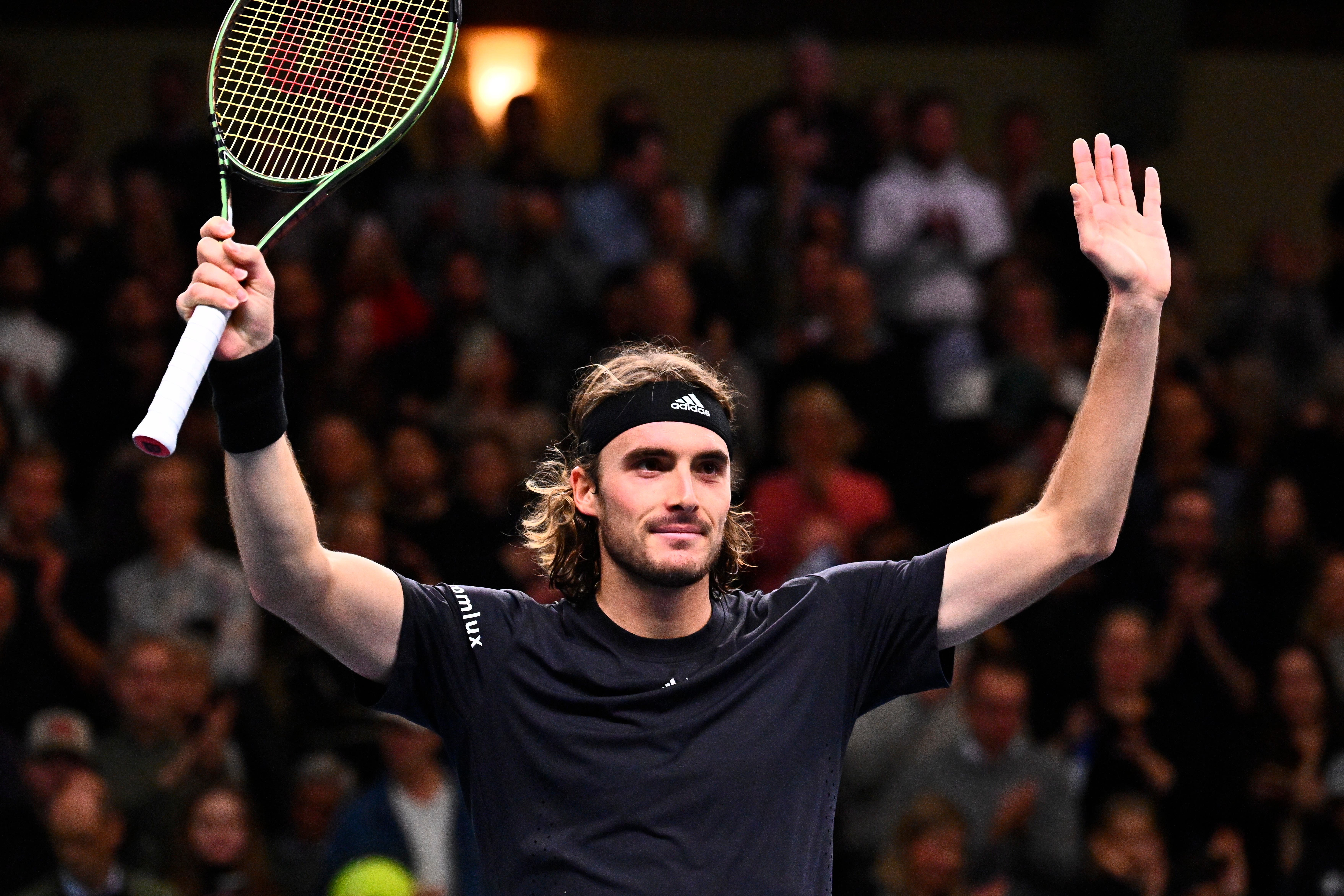 Stefanos Tsitsipas celebrates beating Emil Ruusuvuori (Claudio Bresciani/TT News Agency via AP)