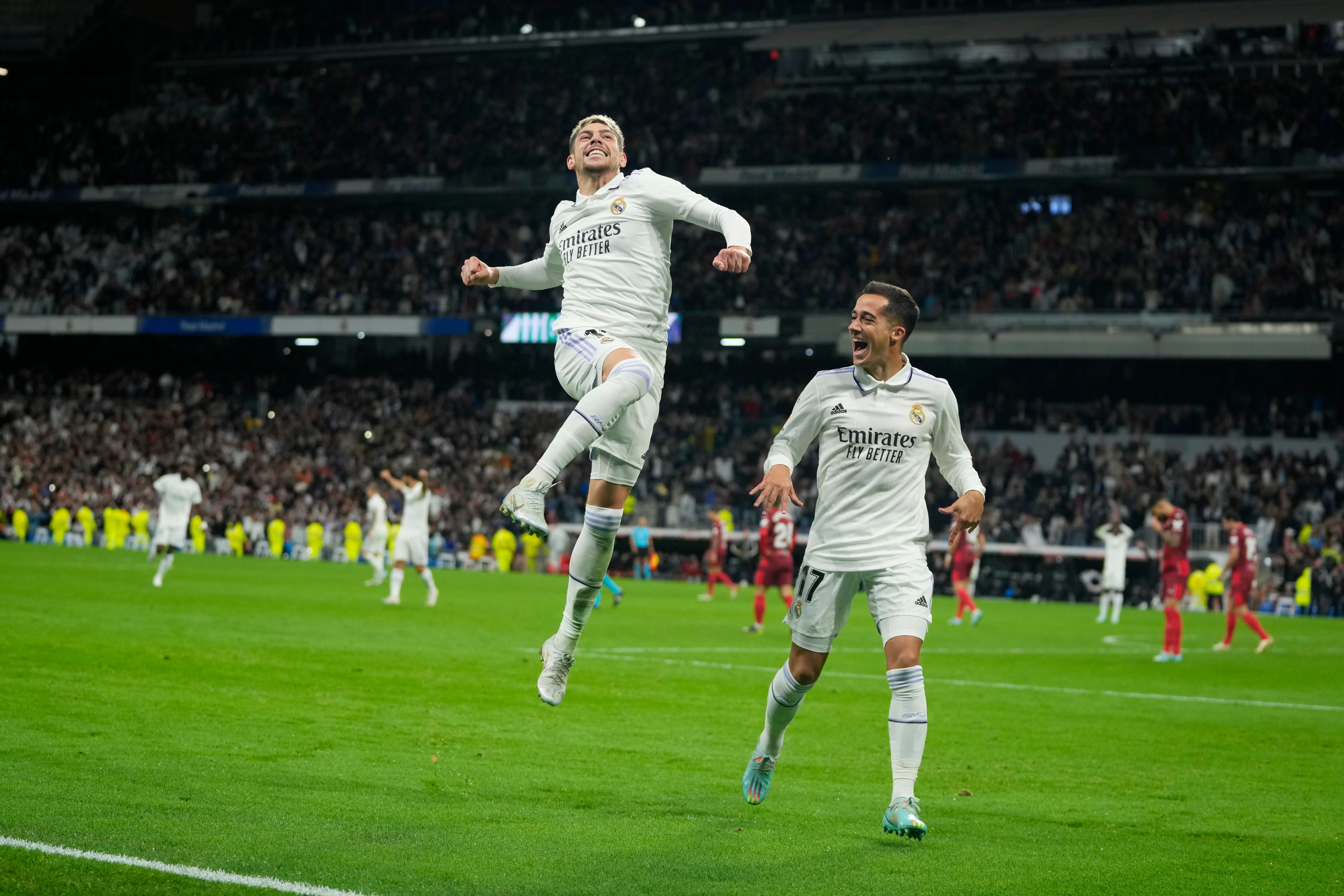 Federico Valverde celebrates coring Real Madrid’s third goal (Manu Fernandez/AP)