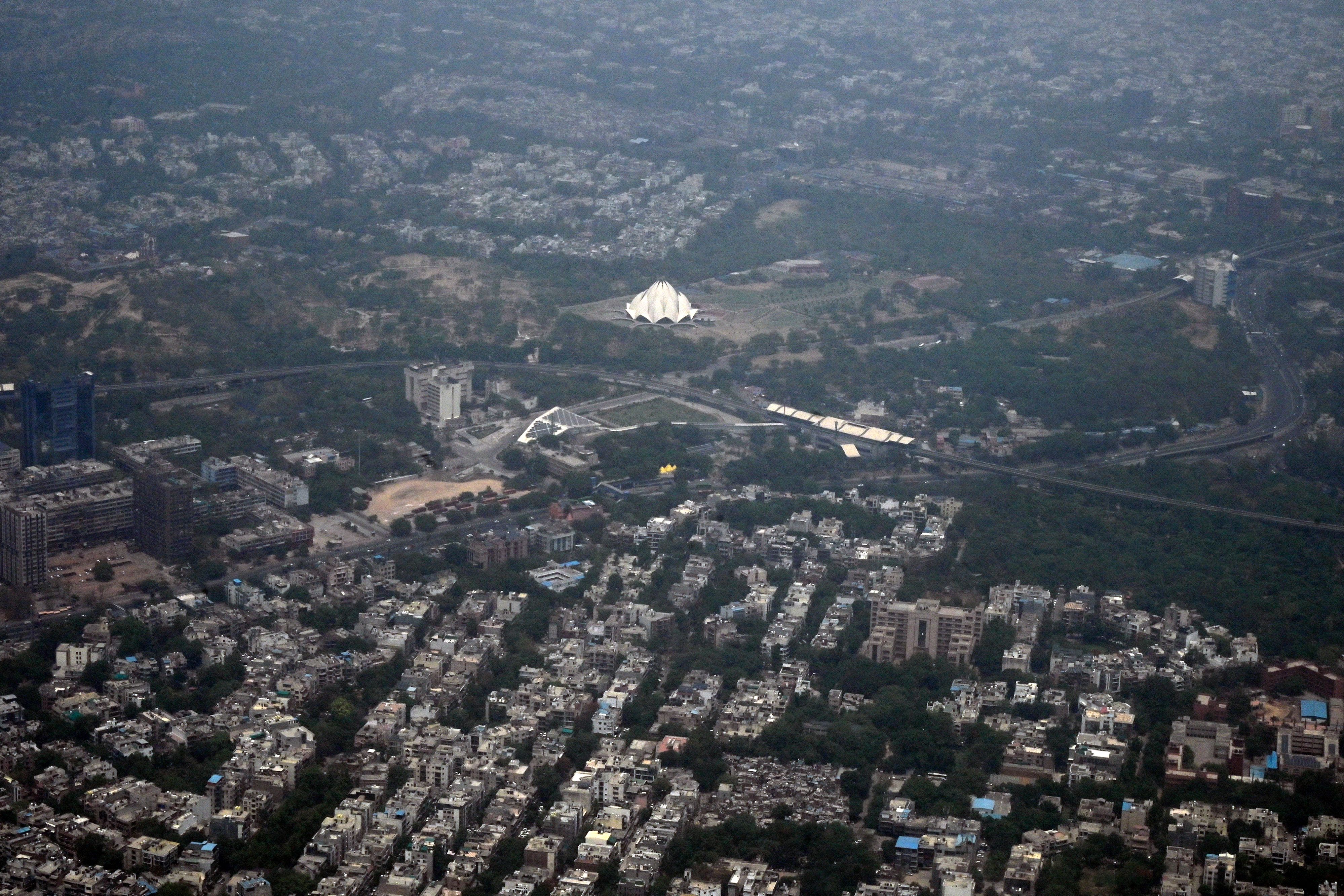 An aerial view of the Lotus Temple (C) is pictured from an airplane in New Delhi
