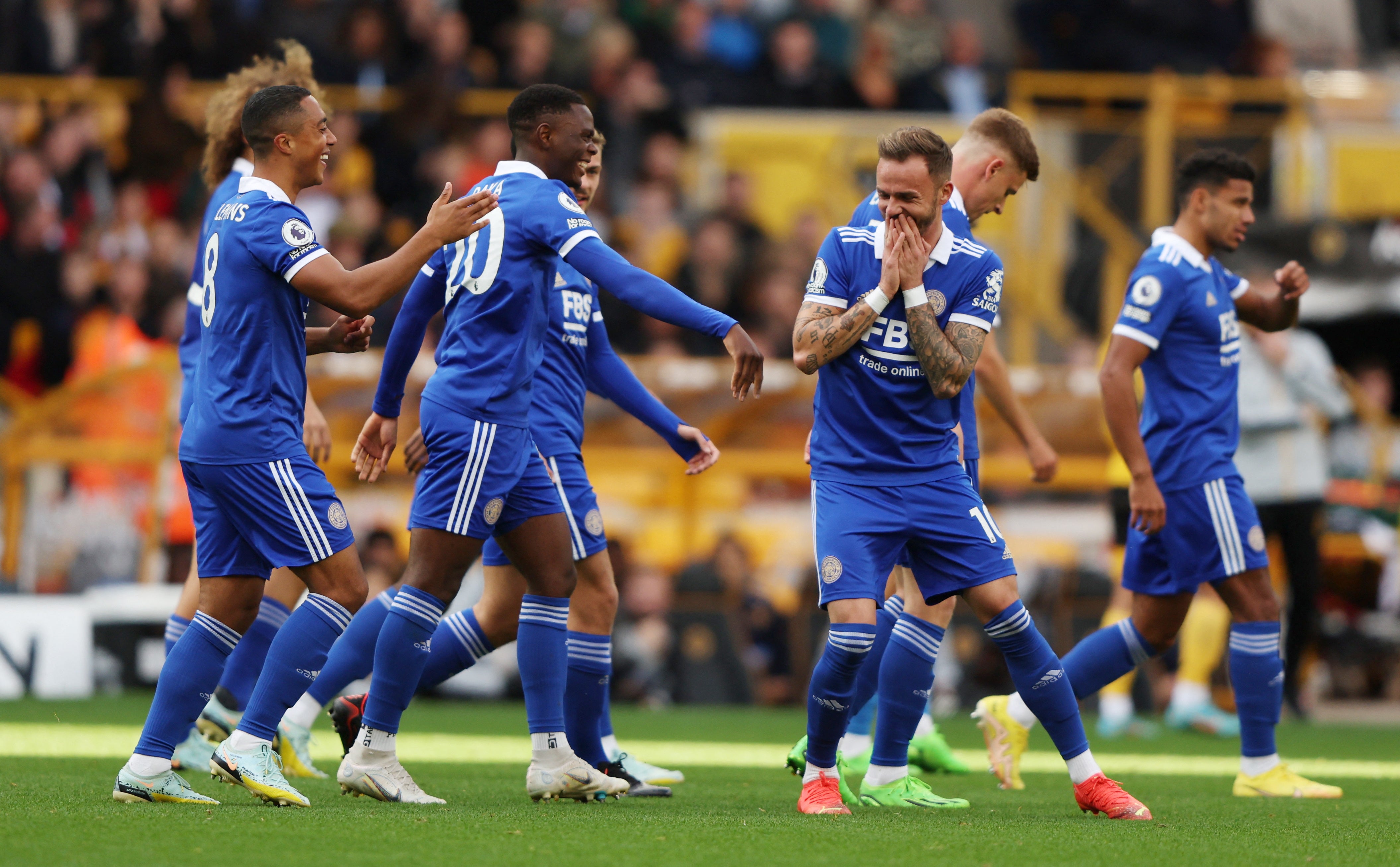 Leicester celebrate their opener, scored by Youri Tielemans