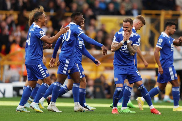 <p>Leicester celebrate their opener, scored by Youri Tielemans</p>