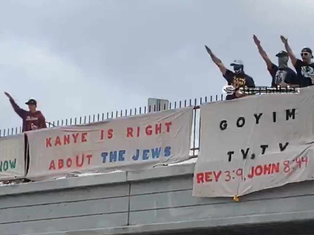 An antisemitic group unfurled a banner above a Los Angeles highway on 22 October supporting Kanye West’s antisemitic comments.