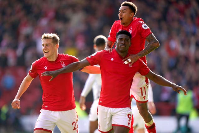 Taiwo Awoniyi celebrates with his team-mates after scoring the winner in Nottingham Forest’s 1-0 victory over Liverpool (Joe Giddens/PA)