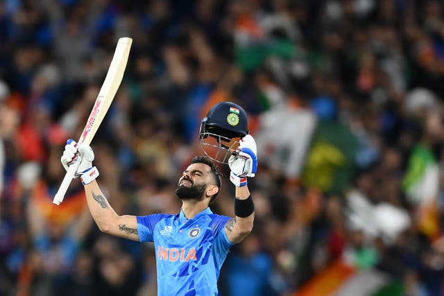 <p>Virat Kohli of India celebrates winning the ICC Men’s T20 World Cup match between India and Pakistan at Melbourne Cricket Ground</p>