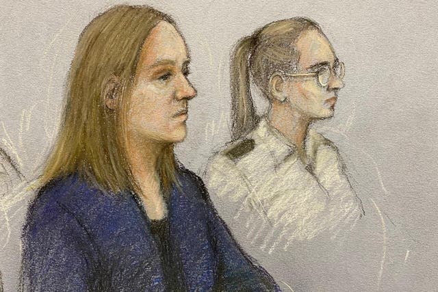 Court artist sketch by Elizabeth Cook of Lucy Letby appearing in the dock at Manchester Crown Court (Elizabeth Cook/PA)