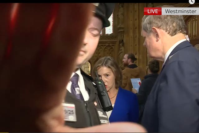 <p>A police officer putting his hand in front of the Sky News camera in Parliament </p>