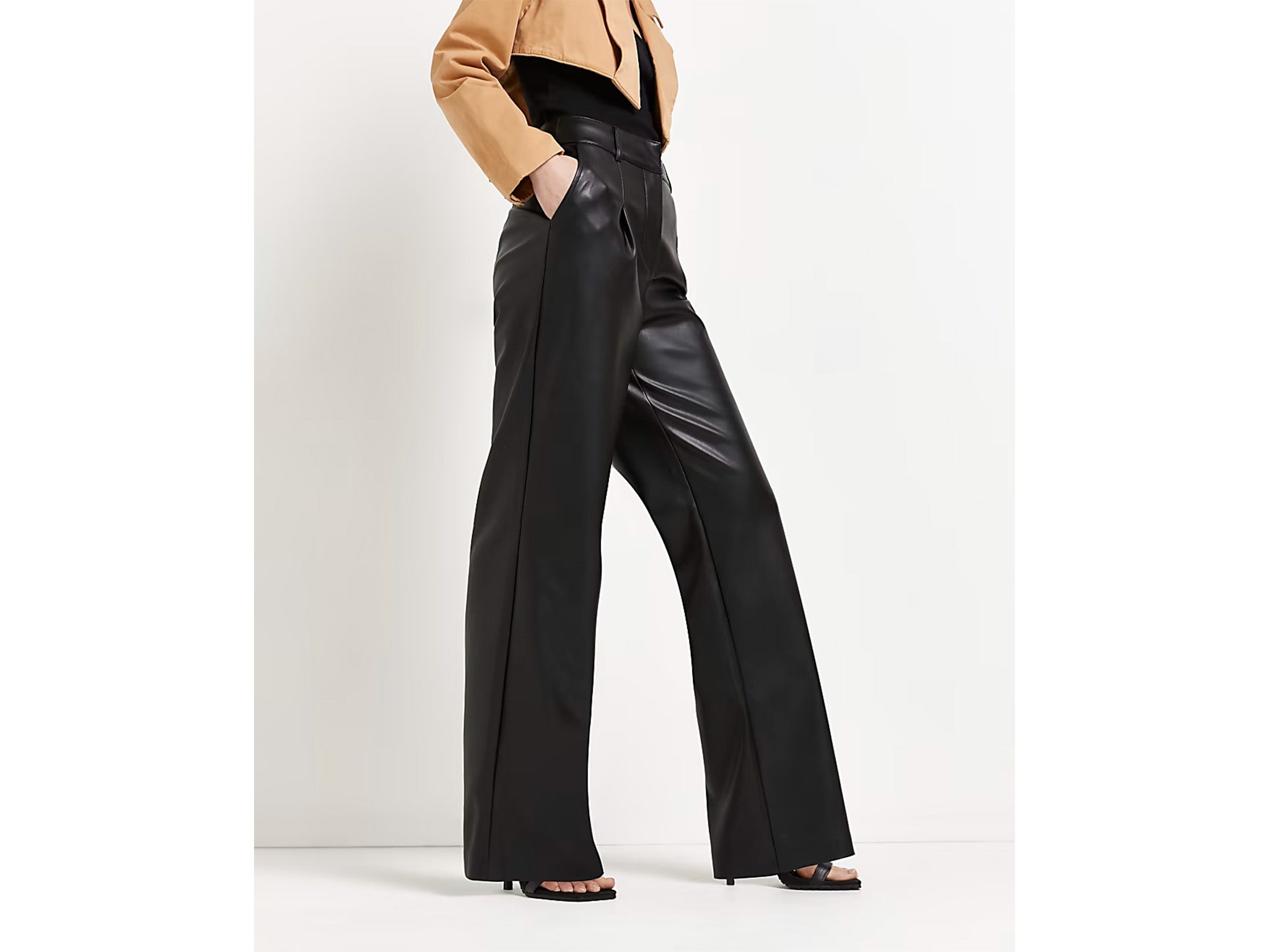 River Island black faux leather wide pleated trousers 