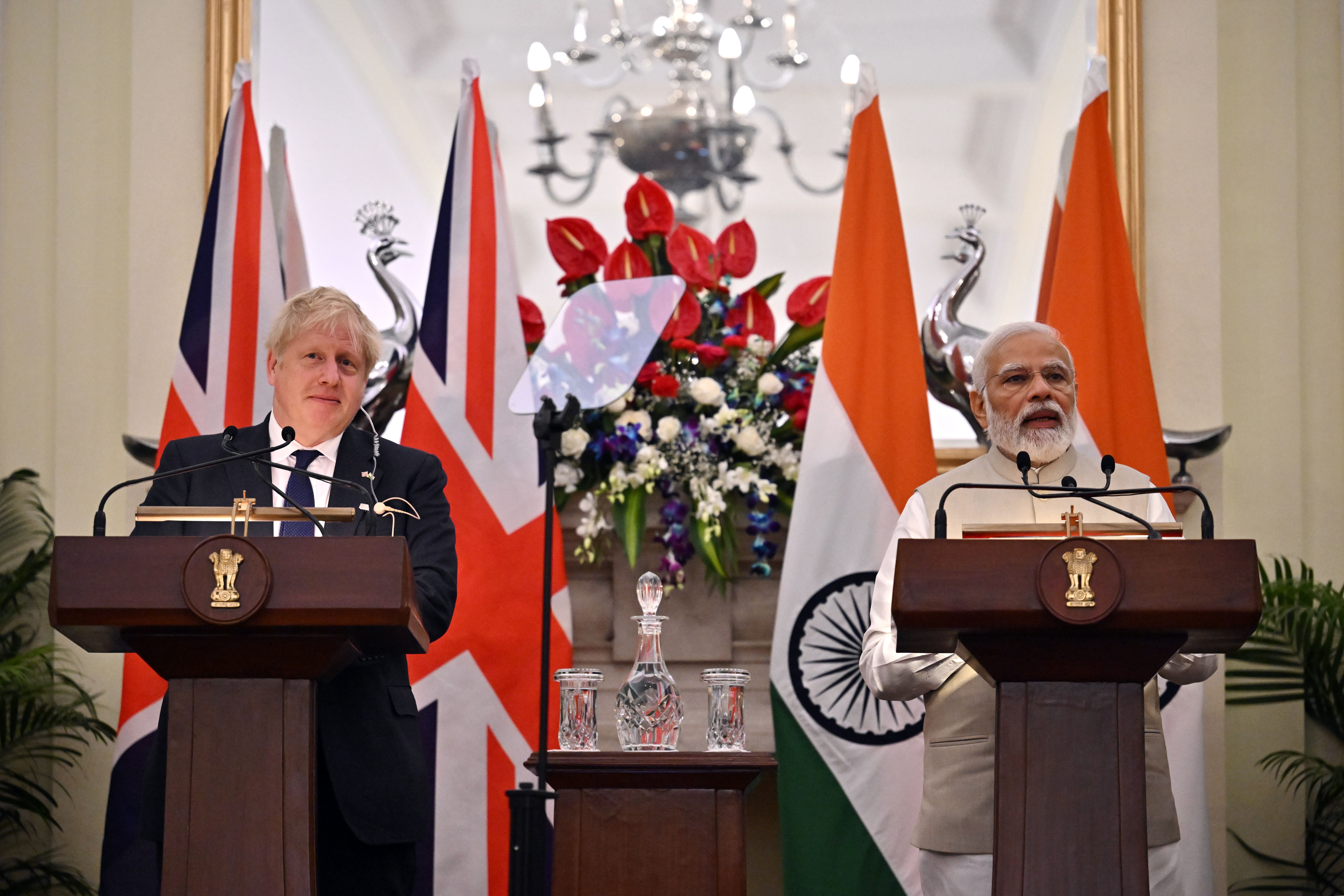 Prime Minister Boris Johnson (left) with Prime Minister of India Narendra Modi at a press conference at Hyderabad House in Delhi (Ben Stansall/PA)