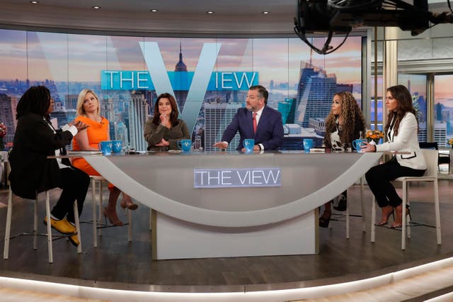 <p>Sen. Ted Cruz, R-Texas, center right, with co-hosts, from left, Whoopi Goldberg, Sara Haines, Ana Navarro, Sunny Hostin and Alyssa Farah Griffin during an appearance on the daytime talk show "The View" in New York on Monday</p>