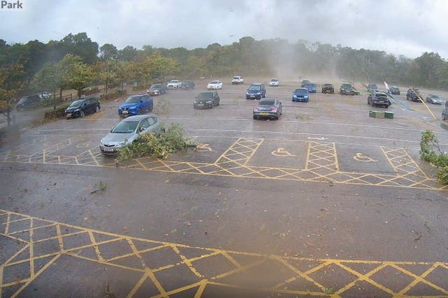 Handout CCTV image issued by Marwell Zoo of a tornado causing damage to Marwell Zoo car park in Hampshire (Marwell Zoo/PA)