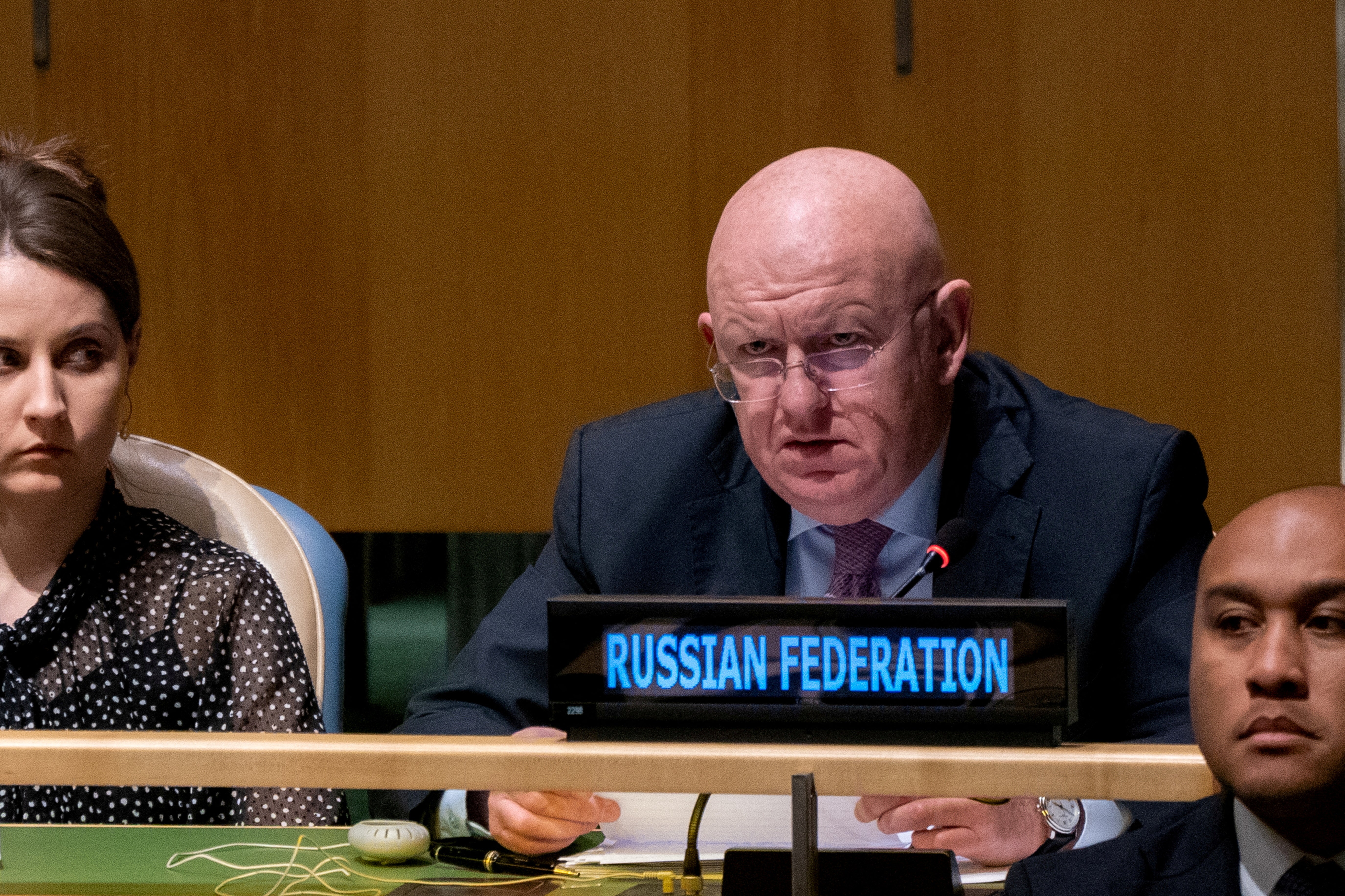 Russia’s UN ambassador Vassily Nebenzia urges the United Nations to ‘prevent this heinous crime from happening’