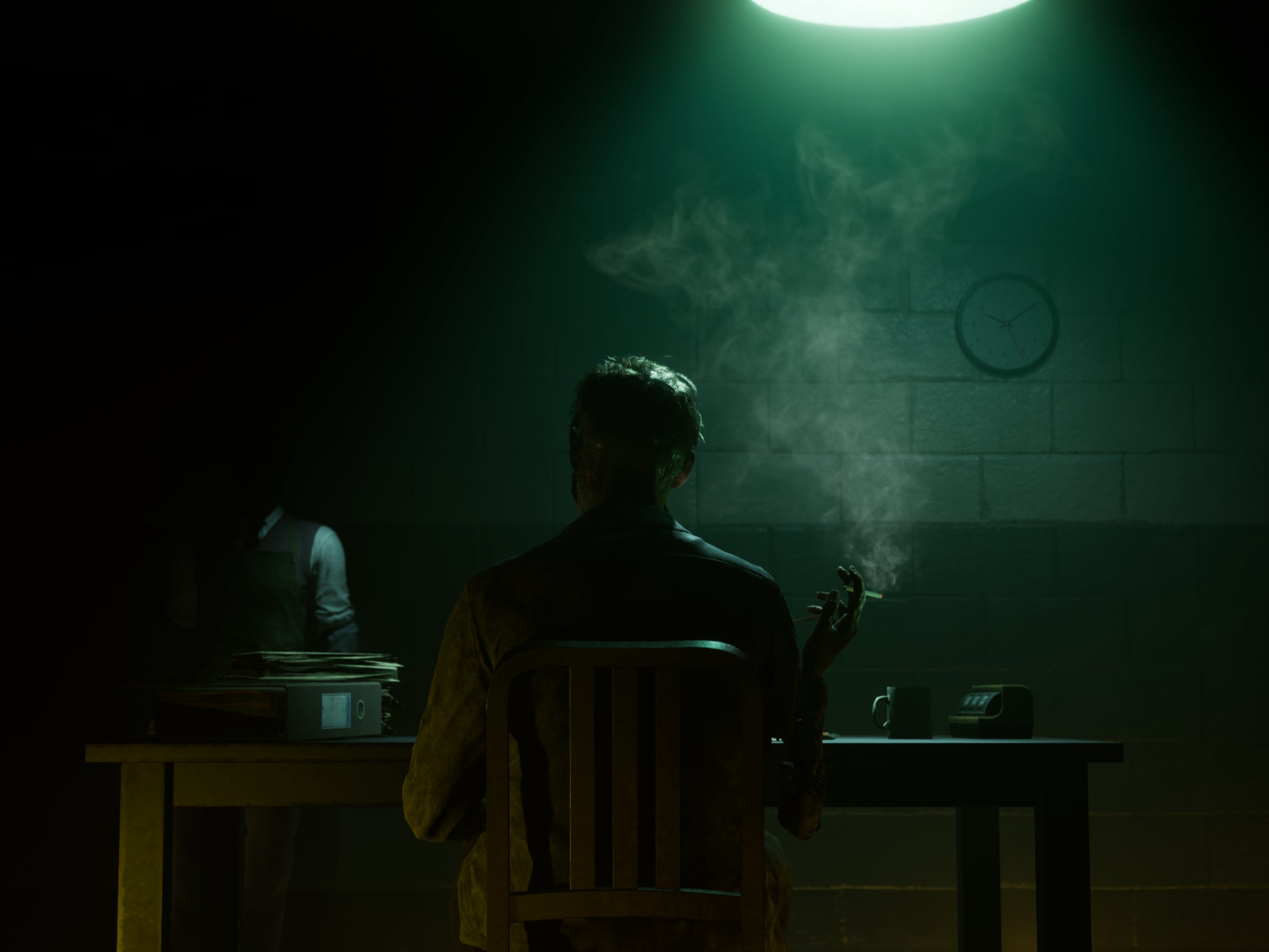 A man sitting at a table with a cigarette in a dark room, facing away from the camera