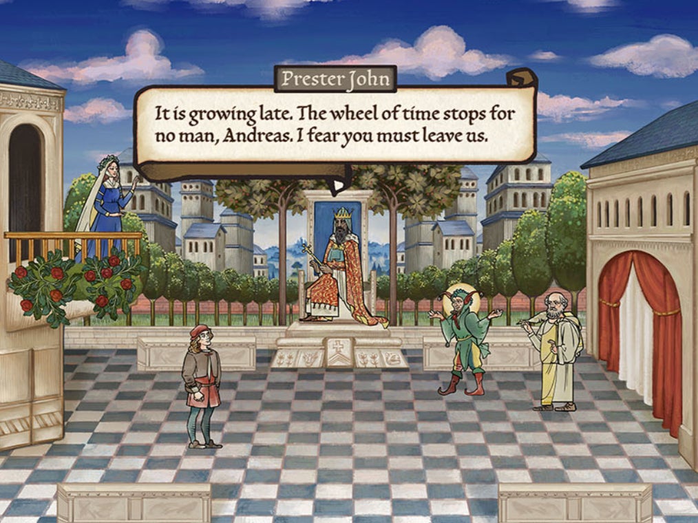 A screenshot from Pentiment, showing off the game’s medieval artwork aesthetic