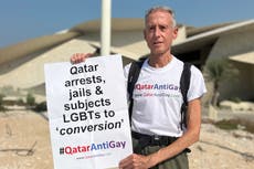 Peter Tatchell stages LGBT+ rights protest in World Cup host nation Qatar