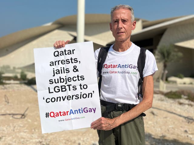 <p>Speaking before his protest, Mr Tatchell claimed that it was the first LGBT+ protest to take place in Qata</p>