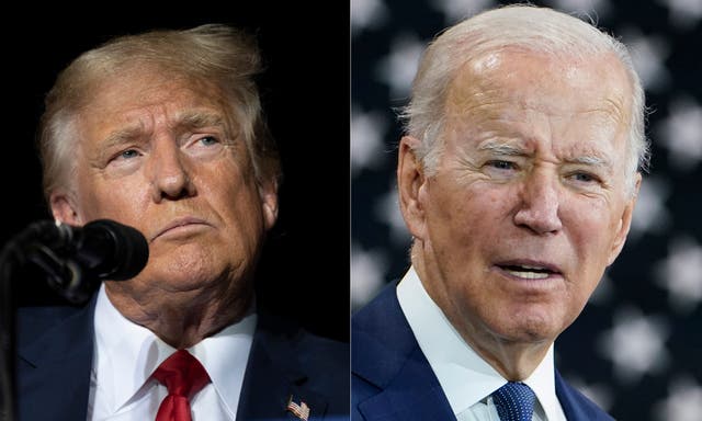 <p>This combination of photos shows former president Donald Trump, left, and president Joe Biden, right</p>