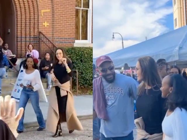 <p>Angelina Jolie poses with students during visit to Spelman College to see Zahara</p>
