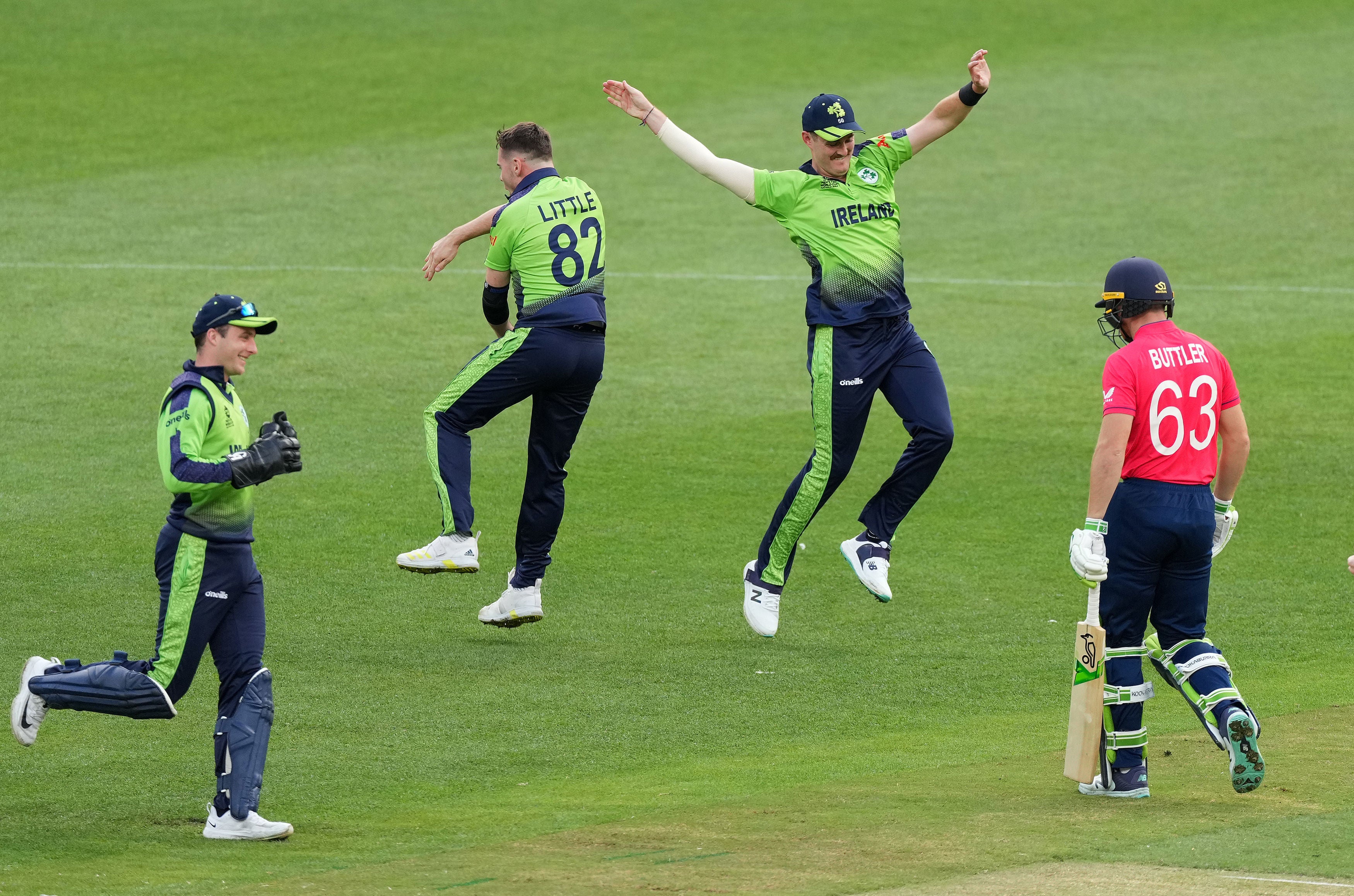 Ireland celebrate the key wicket of England captain Jos Buttler