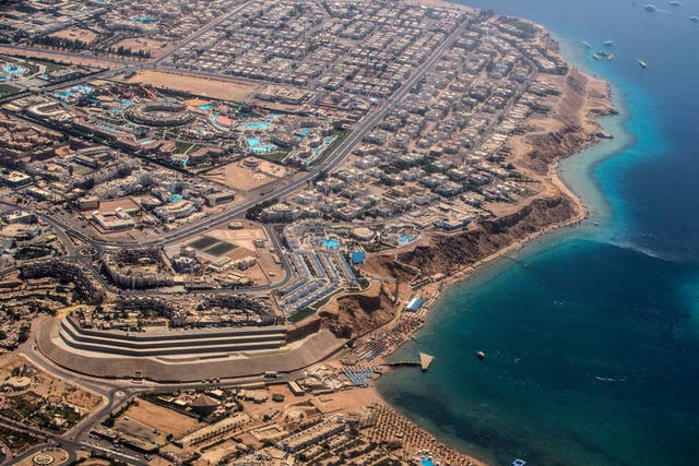 <p>An aerial view of the Egyptian Red Sea resort city of Sharm el-Sheikh at the southern tip of the Sinai peninsula</p>