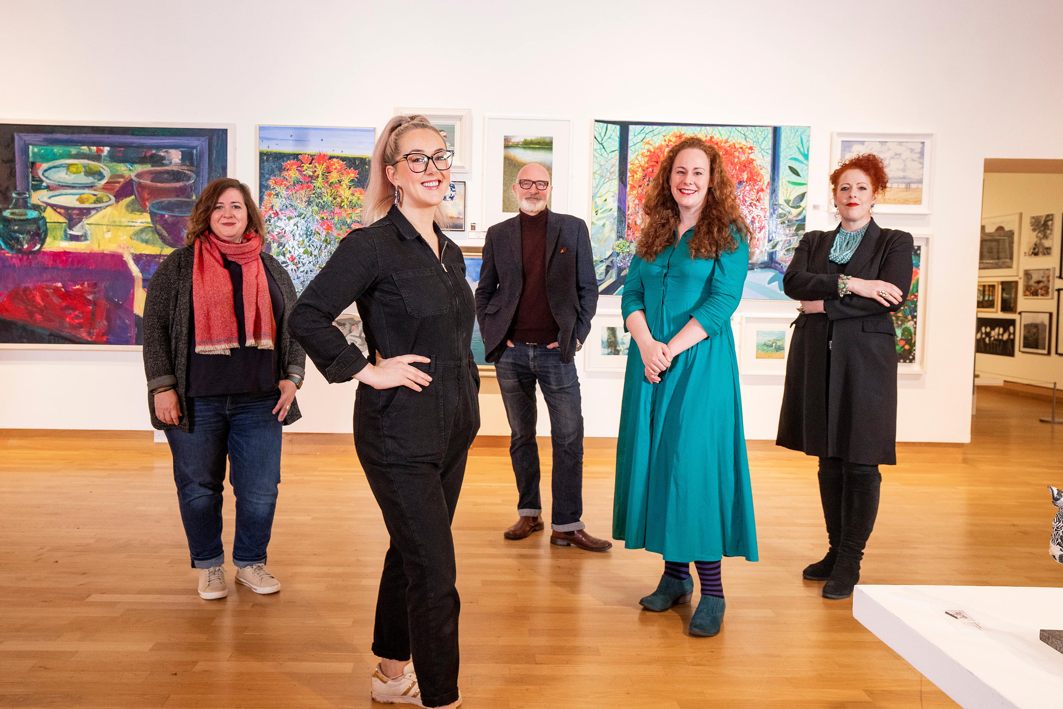 (from left) Visual artist Jennifer Trouton, dance maker Eileen McClory, composer Greg Caffrey, poet and performer Alice McCullough and opera singer Giselle Allen (Brian Morrison/PA)