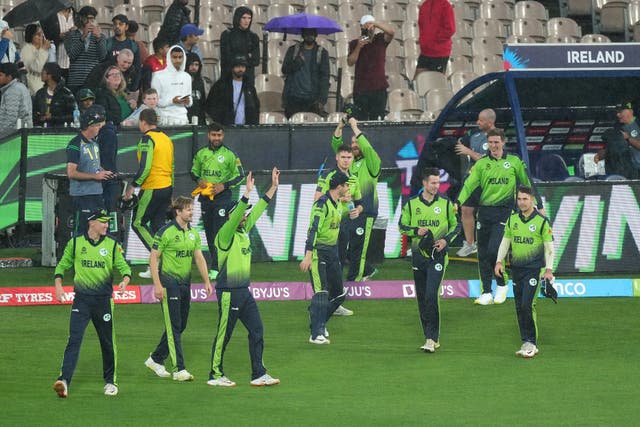 Ireland players celebrate following their DLS win over England in the T20 World Cup Super 12 at the MCG (Scott Barbour/PA Images).