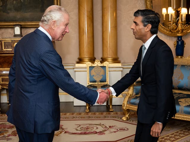 <p>King Charles III meets newly appointed Conservative Party leader and prime minister Rishi Sunak at Buckingham Palace</p>