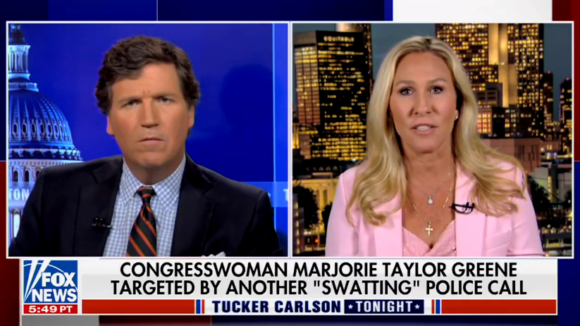 <p>Rep Marjorie Taylor Greene accused the left of staging attacks against her while appearing on Tucker Carlson’s show on Tuesday night</p>