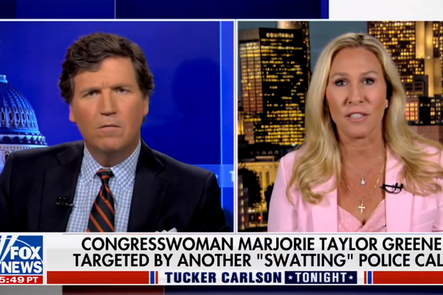 <p>Rep Marjorie Taylor Greene accused the left of staging attacks against her while appearing on Tucker Carlson’s show on Tuesday night</p>